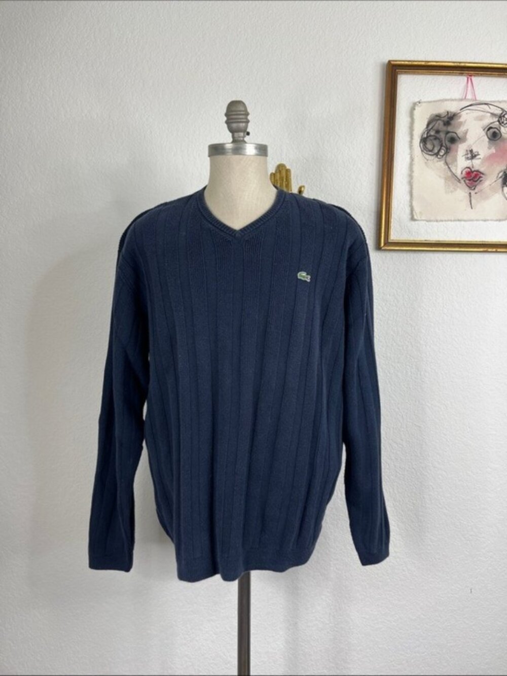 Lacoste Ribbed Striped V Neck Logo Long Sleeve Sweater